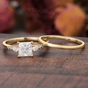 Princess cut Moissanite Engagement Ring set Women,1CT Moissanite Yellow Gold Ring,Simple Wedding Band,Diamond Ring,Square Ring,Bridal Set