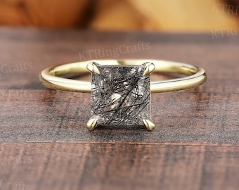 Princess cut Black Rutile Quartz Engagement ring,Vintage Solitaire Quartz ring,Yellow Gold Wedding ring,Minimalilst ring,Unique Promise Gift