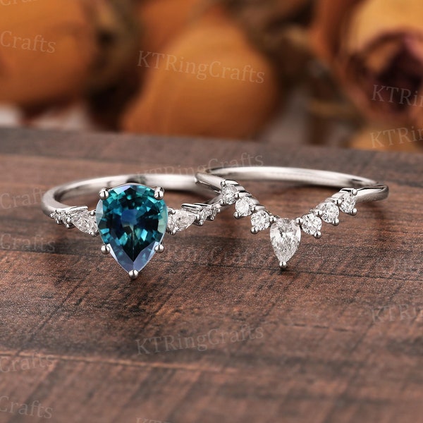 Pear Blue Green Sapphire Engagement Ring Set, Vintage Teal Sapphire Ring White Gold, Curved Stacking Band, Diamond Ring, Delicate Bridal Set