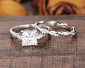 1.5ct Princess Cut Moissanite Engagement Ring Set,Delicate White Gold Moissanite Bridal Ring,Unique Twist Ring,Diamond Ring,Anniversary Gift