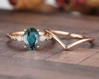 Teal Sapphire Engagement Ring Set,Blue Green Sapphire ring,Oval cut Bridal set,Vintage Rose Gold ring,Unique Anniversary ring,Promise ring