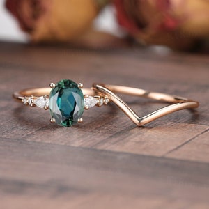 Teal Sapphire Engagement Ring Set,Blue Green Sapphire ring,Oval cut Bridal set,Vintage Rose Gold ring,Unique Anniversary ring,Promise ring