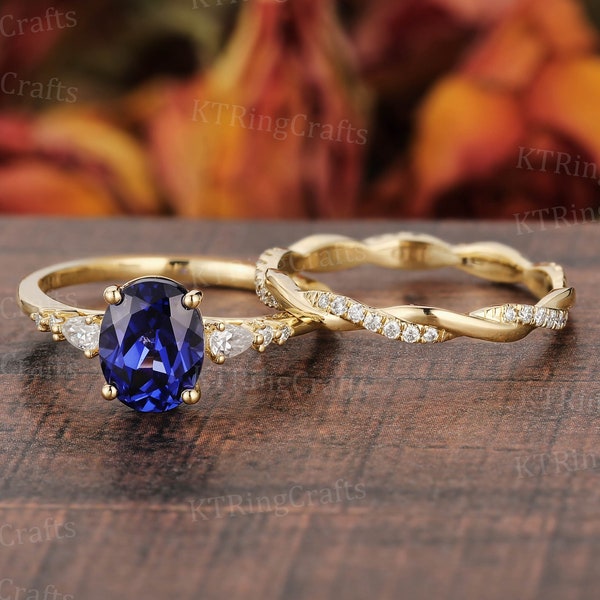 Ensemble bague de fiançailles saphir bleu laboratoire, parure nuptiale saphir ovale, or jaune massif, alliance torsadée, bague en diamants, parure de mariage femme