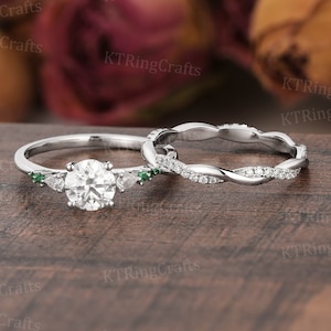 Unique round Moissanite Engagement ring set,Antique Moissanite ring White Gold,Emerald Accent ring,Twisted ring,Infinity band,Gift for women