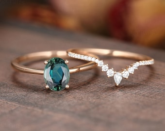 Solitaire Blue Green Sapphire Engagement Ring set,14K/18K Rose Gold Teal Sapphire ring,Oval Bridal set,Minimalist ring,Stacking ring Women