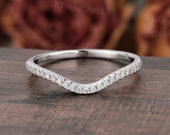 Curved Moissanite Wedding band,Vintage White Gold Wedding ring,Antique Diamond Pave ring,Unique Matching Stacking band,Promise Bridal ring