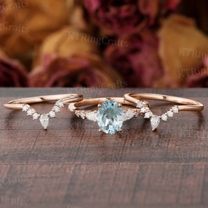 Unique Aquamarine Bridal Ring Set for Women 18k Rose Gold Oval Engagement ring with Diamond Contour Band 3 Ring Set Trio Ring Jewelry Set