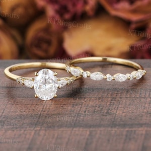 Unique Oval Moissanite Engagement ring set,Vintage Yellow Gold Moissanite ring,Matching Diamond ring,Promise ring,Dainty Oval Bridal set