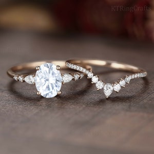 Oval cut Moissanite Engagement Ring set,Stacking ring.14K/18K Rose Gold,vintage Unique pear diamond Cluster ring women, wedding Bridal ring image 1
