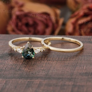 Ensemble de bagues de fiançailles antiques en saphir bleu-vert taille poire, bague saphir bleu sarcelle en or jaune, bague en or uni, bague d'empilage, ensemble de bagues d'anniversaire