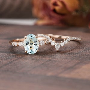Unique Aquamarine Engagement Ring Set,Oval Aquamarine Wedding Set,Vintage 14K/18K Rose Gold Ring,Curved Diamond Ring,Bridal set Promise gift