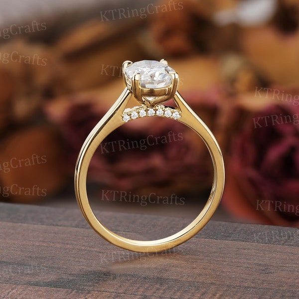 Unique Pave Bridge Moissanite Engagement Ring,14k Yellow Gold Moissanite Ring,Oval Gold Ring,Matching Ring,Art Deco Ring,Dainty Gift for her