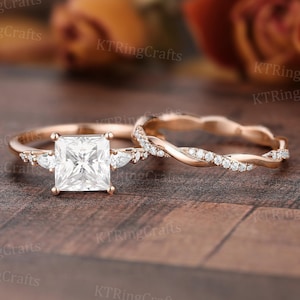 Princess Cut Moissanite Engagement Ring Set, 14k Rose Gold Princess cut Ring with Diamond Twisted Band, Unique Bridal Set, Anniversary Gift