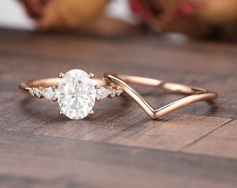 Oval Moissanite Engagement Ring Set, Rose Gold Chevron Wedding Band, Minimalist Bridal Set