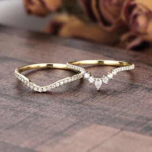 2pcs Curved Moissanite Wedding band,14k Yellow Gold,Chevron Diamond ring,Matching Stacking V Shape ring,Double Wedding band,Gift for her