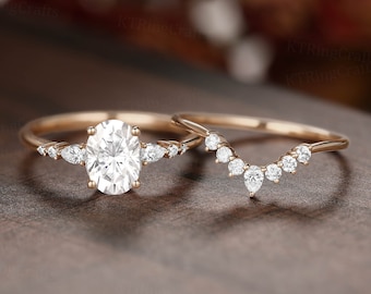 Conjunto de anillos de compromiso Moissanite vintage, anillo Moissanite de 1.5CT, anillo de corte ovalado, anillo de corona de oro rosa, anillo de apilamiento único, anillo de racimo de diamantes