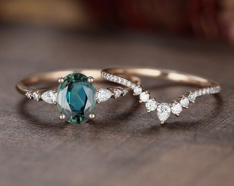 Vintage Teal Sapphire Engagement Ring set,Blue Green Sapphire Ring Set,Stacking ring.Rose Gold,Unique pear diamond Cluster ring Bridal ring