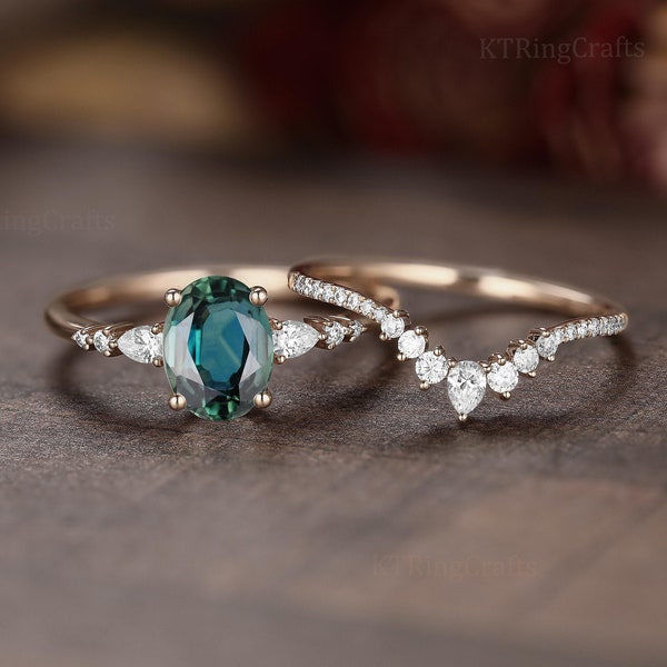 Ensemble vintage de bagues de fiançailles en saphir bleu sarcelle, ensemble de bagues en saphir bleu vert, bague à empiler. Or rose, bague de grappe de diamants poire unique, bague de mariée