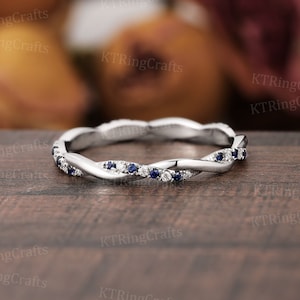Sapphire and Moissanite Wedding Band,14K White Gold Twisted Ring,Full Eternity Wedding Band,Unique Matching Ring,Braided Band,Dainty Jewelry