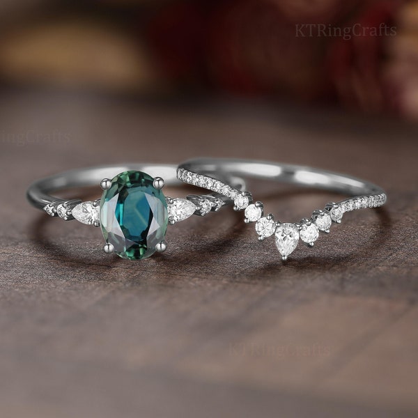 Teal Sapphire Engagement Ring set,Blue Green Sapphire Ring,Vintage Oval cut ring,Curved Wedding band,Art Deco Crown ring,White Gold ring