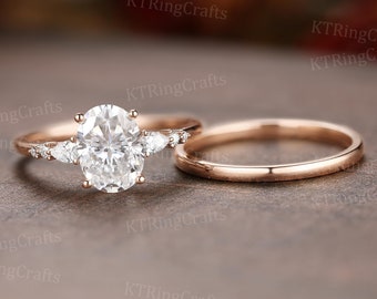 Oval Moissanite Engagement Ring set,14k Rose Gold Moissanite ring,Minimalist ring,Plain Gold ring,Classic Ring,Diamond ring,Anniversary Gift