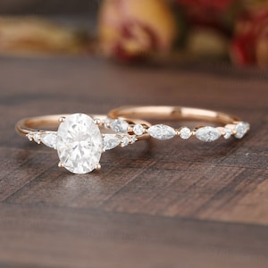 Oval Moissanite Engagement ring set,Vintage Moissanite Stacking ring,14K/18K Rose Gold,Marquise Diamond ring,Dainty Bridal set,Promise Gift