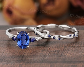 Unique Blue Sapphire Engagement Ring set,Oval Sapphire and Moissanite Ring Women,Infinity Twisted Ring,Solid White Gold,Personalized Ring