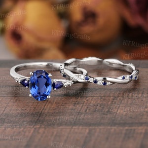 Unique Blue Sapphire Engagement Ring set,Oval Sapphire and Moissanite Ring Women,Infinity Twisted Ring,Solid White Gold,Personalized Ring