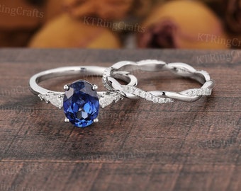 Ensemble de bagues de fiançailles en saphir bleu, bague saphir en or blanc vintage, bague entrelacée, bague saphir avec diamants, bague de promesse de cluster