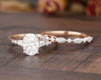 Oval Moissanite Engagement ring set, Dainty Rose Gold Marquise Matching band, Promise Anniversary gift