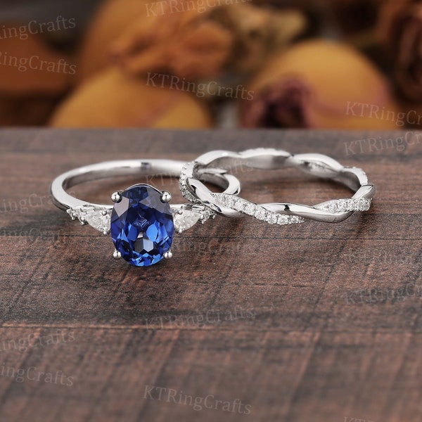 Blue Sapphire Engagement Ring Set,Vintage White Gold Sapphire Ring,Intertwined Ring,Sapphire Ring With Diamonds,Cluster Promise Ring