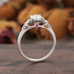 Antique Moissanite Engagement ring,Round cut Moissanite&Ruby ring,Solid White Gold ring,Peekaboo Ruby ring,Promise ring,Personalized Jewelry