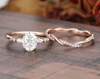 Oval cut Moissanite Engagement ring set,Vintage Dainty Moissanite ring Rose Gold,Curved Diamond ring,Twisted band,Bridal set,Promise ring