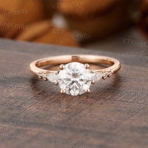 Round Moissanite Engagement ring,14k/18k Rose Gold Moissanite ring,Pear Diamond ring,Vintage Seven Stone ring,Art Deco ring,Handmade Jewelry