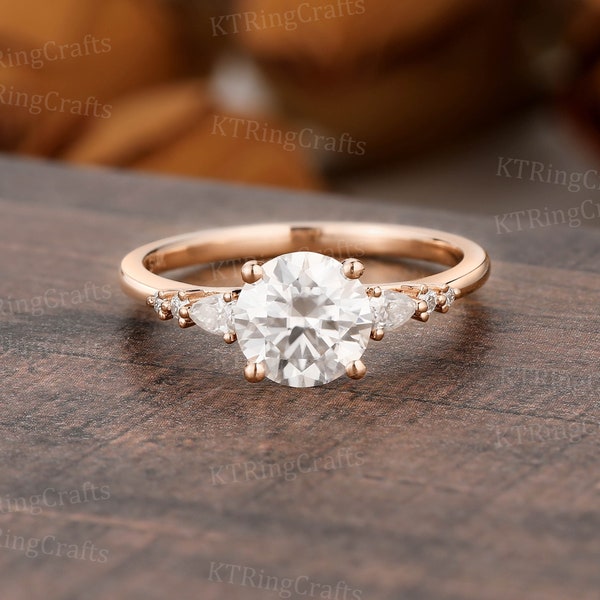 Round Moissanite Engagement ring,14k/18k Rose Gold Moissanite ring,Pear Diamond ring,Vintage Seven Stone ring,Art Deco ring,Handmade Jewelry