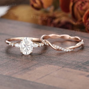 Oval cut Moissanite Engagement ring set,Vintage Dainty Moissanite ring Rose Gold,Curved Diamond ring,Twisted band,Bridal set,Promise ring