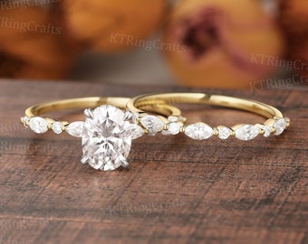 Oval Moissanite Engagement Ring set,Two Tone Gold Moissanite Bridal set,Hidden Halo Ring,Stack Diamond Ring,Customized ring,Christmas Gift