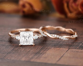 1.5ct Princess Cut Moissanite Engagement Ring Set,Vintage Moissanite Ring,14k Rose Gold,Twisted Band,Unique Diamond Ring,Anniversary Gift