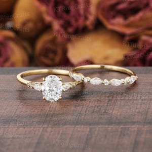 Oval Lab Grown Diamond Engagement Ring Set Lab Created Diamond Wedding Ring Stacking Ring Half Eternity Band Proposal Ring Yellow Gold