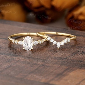 White Sapphire Engagement ring set Oval Lab White Sapphire ring,Vintage Crown ring,Curved Wedding band,Unique Chevron V ring,Handmade ring