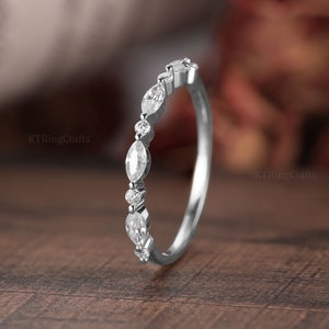 Moissanite wedding band White Gold wedding band Vintage Marquise cut moissanite stacking matching Unique Half eternity Bridal Promise ring