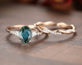 Green Blue Sapphire Engagement Ring Set,Oval cut Teal Sapphire Engagement ring Set,vintage Unique pear diamond ring.Rose Gold Twisted Band