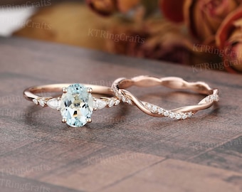 Oval Aquamarine Engagement Ring Set,Vintage Aquamarine And Diamond Ring,Rose Gold Twist Ring,Infinity Wedding Band,Unique Anniversary Ring