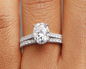 Oval Hidden Halo Bridal Set, Oval Moissanite Bridal Set, Hidden Halo Engagement Ring, Wedding Ring Set, White Gold Ring Set