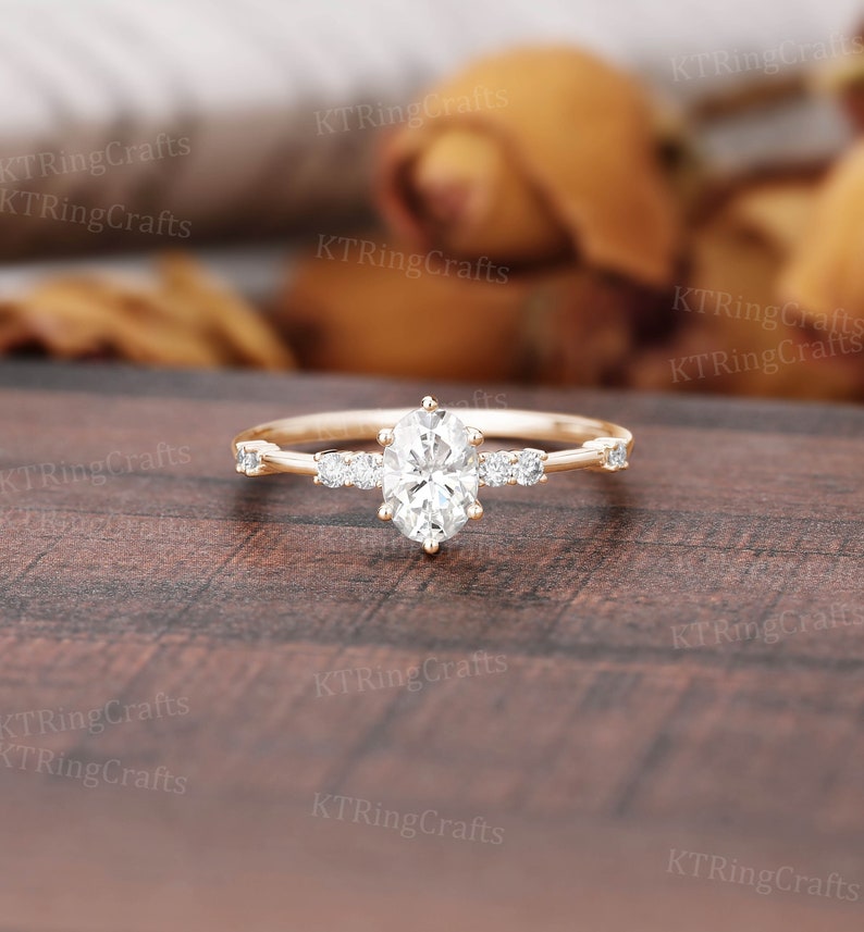 Vintage 1ct Moissanite Engagement Ring,18k Rose Gold Moissanite Ring,Dainty Oval Bridal Ring,Diamond Ring,Matching Ring,Personalized Jewelry image 1