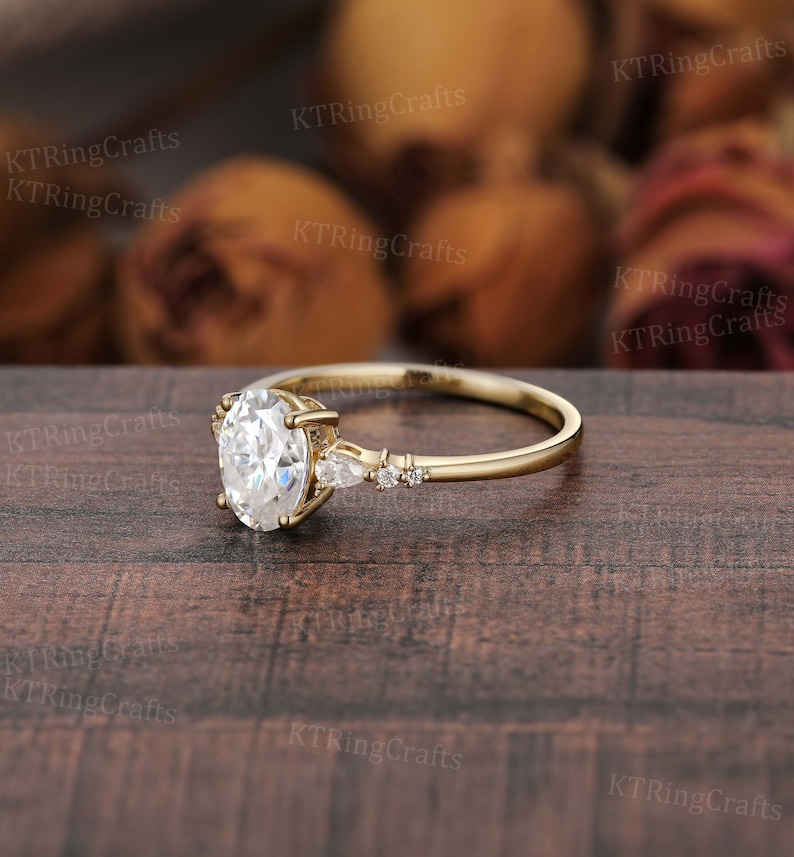 Bague de fiançailles en moissanite de coupe ovale, bague à superposer. Or rose 14 carats / 18 carats, bague vintage unique en forme de grappe de diamants poire, bague de mariage et de mariée image 10