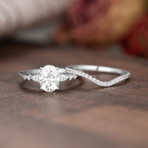 Dainty Moissanite Engagement Ring Set, 1.5ct Oval Moissanite Ring, Vintage Rose Gold Cluster Ring, Art Deco Curved Wedding band, Bridal set image 6
