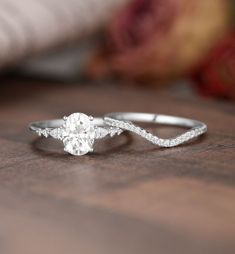 Dainty Moissanite Engagement Ring Set, 1.5ct Oval Moissanite Ring, Vintage Rose Gold Cluster Ring, Art Deco Curved Wedding band, Bridal set image 6