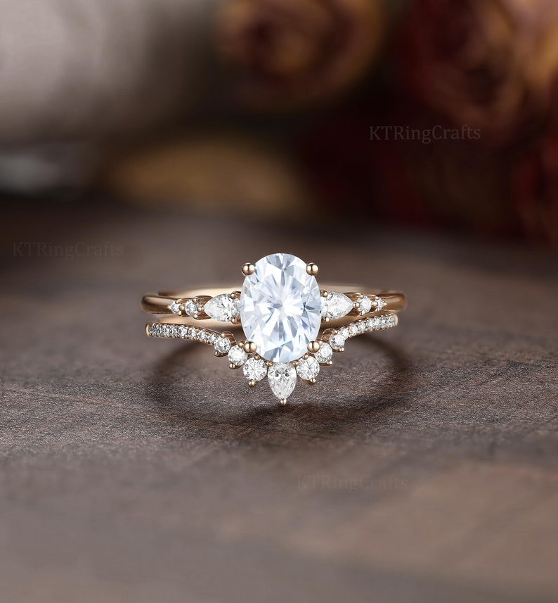 Oval cut Moissanite Engagement Ring set,Stacking ring.14K/18K Rose Gold,vintage Unique pear diamond Cluster ring women, wedding Bridal ring image 2