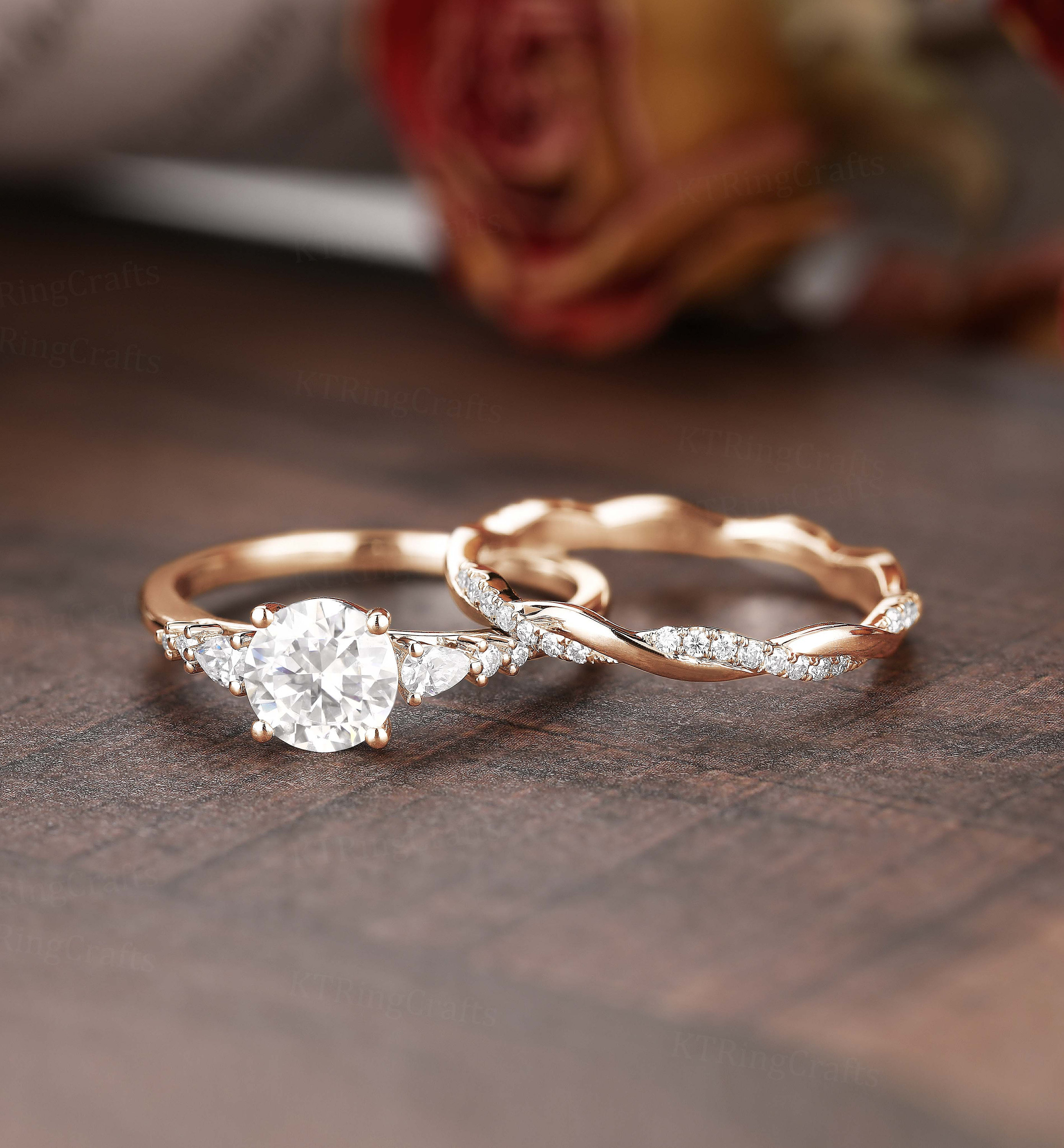 Vintage Moissanite Engagement Ring Set,round Cut Moissanite Ring